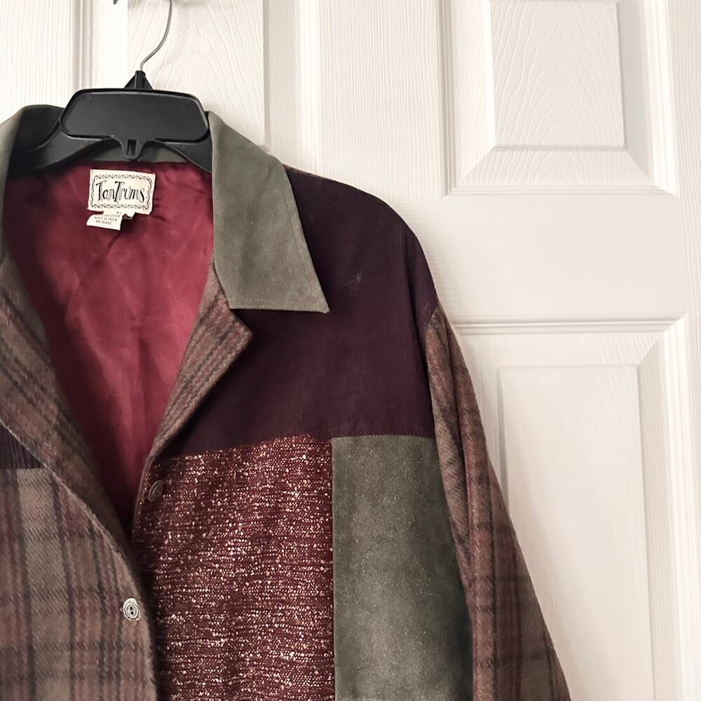 Tantrums Red Green Vintage Wool Patchwork Tweed Faux Suede Button Jacket XL - Picture 4 of 8